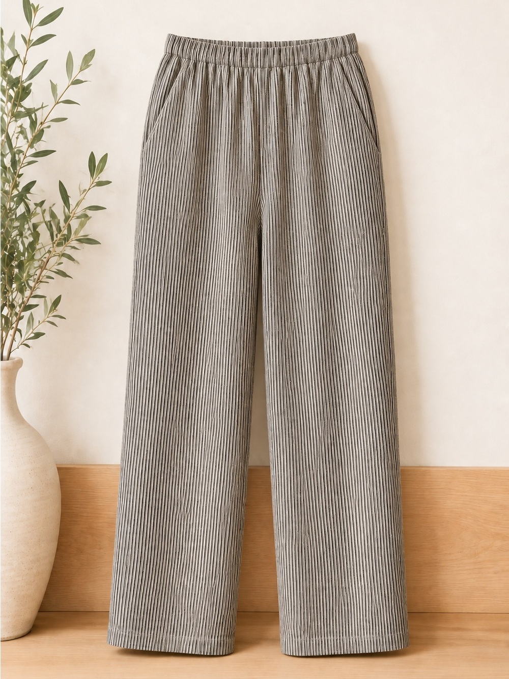 Flax 100% Linen Black and White Striped Elastic Waist Pants